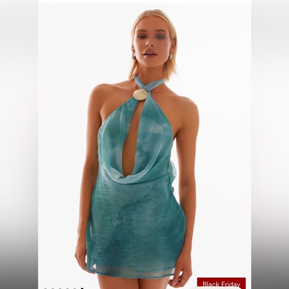 Elegant Teal Halter Mini Dress - Picture 6 of 6